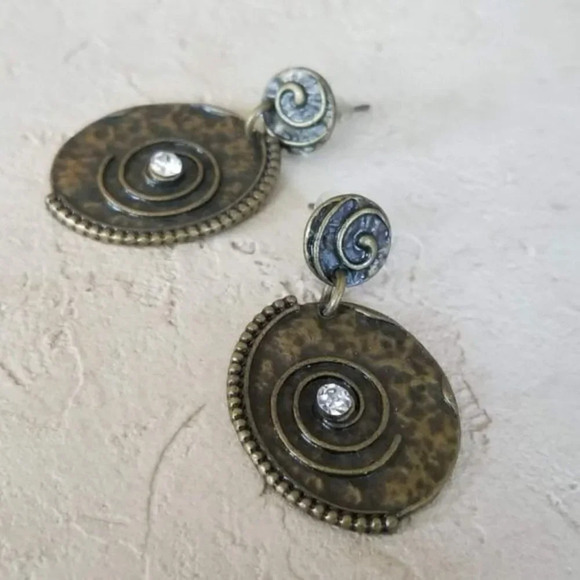 Steampunk Antiqued Brass Crystal Dangle Earrings - Picture 1 of 5